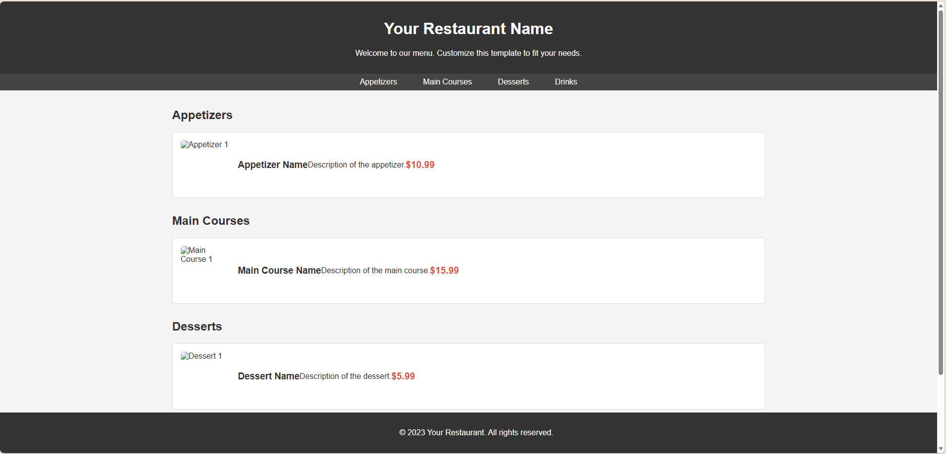 Screenshot of the menu template